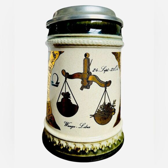 Vintage Gerz Beer Stein Libre Zodiac Asthrological Mug Ceramic Stoneware Gold - Picture 1 of 8